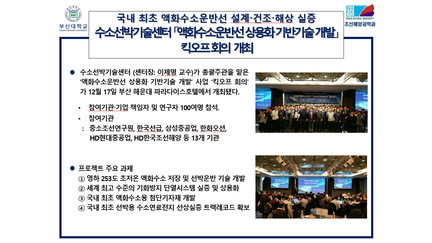 국내 최초 액화수소운반선 설계.건조.해상 실증 수소선박기술센터 「액화수소운반선 상용화 기반기술 개발」 킥오프 회의  개최